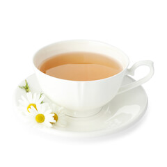 Aromatic tea in cup and chamomile flowers isolated on white