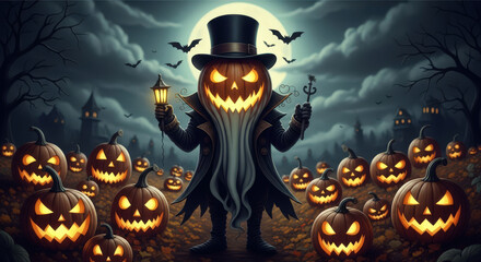 Halloween Pumpkin Character in a Top Hat and Coat Surrounded by Jack-o'-Lanterns Under a Cloudy Night Sky, Creating a Festive and Whimsical Halloween Ambiance