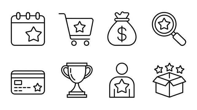 Set of eight black outline icons representing rewards and achievements star