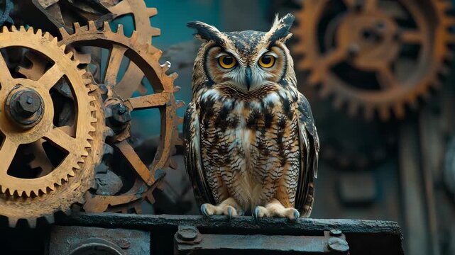 Owl Perched Among Steampunk Gears