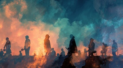 a group of individuals standing at a distance amidst a backdrop of intense flames
