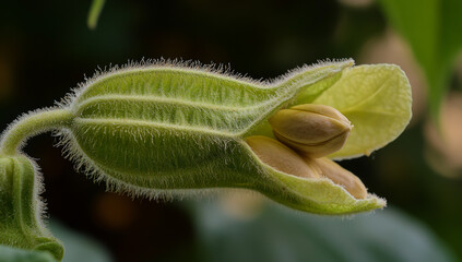 A close-up of a green bud opening, showing the blooming petals and seeds.