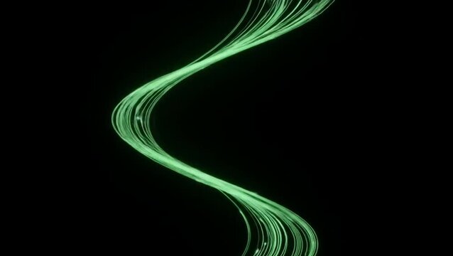 Smooth green light trail curving in S-shape with glowing motion on black background. Abstract design concept
