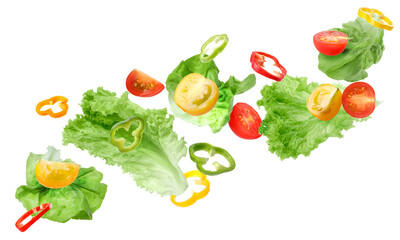 Fresh vegetables for salad flying against white background