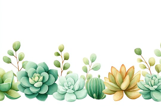 succulent plants and desert cacti in watercolor, subtle green tones, botanical decorative border on white background