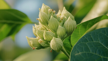 A close-up of a green bud opening, showing the blooming petals and seeds.
