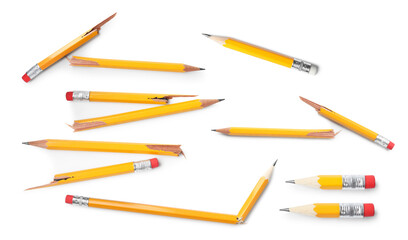 Graphite pencils with erasers on white background, set