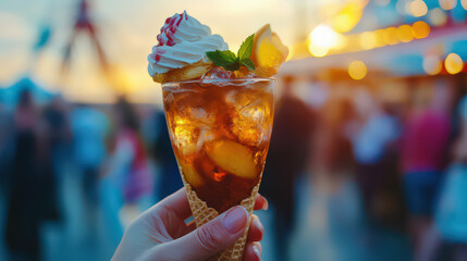 A hand holding a dessert cone with ice cream and fruit against a blurred background of people and lights