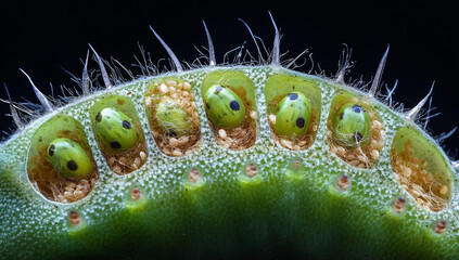 Close-up of the inside of an open pod with seeds covered in fine white hairs and small green insect eggs on a black background.