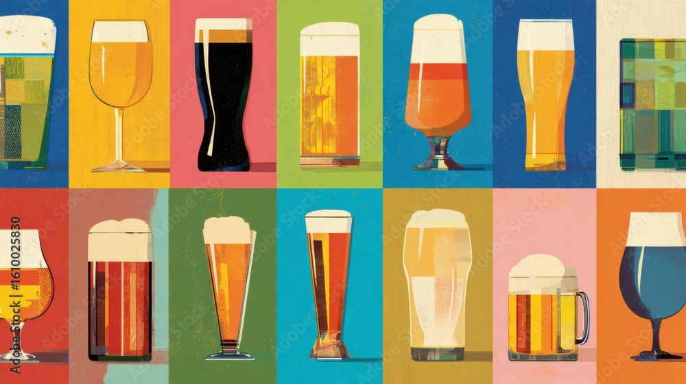 Poster various types of beer illustrated in a colorful poster-style grid with a clean central block for inf