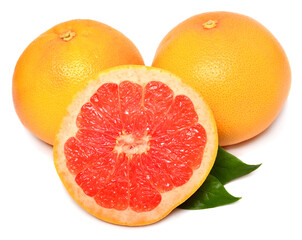 Fresh grapefruit whole and slices with leaves isolated on white background