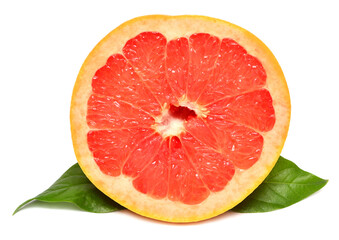 Grapefruit half with leaves isolated on white background