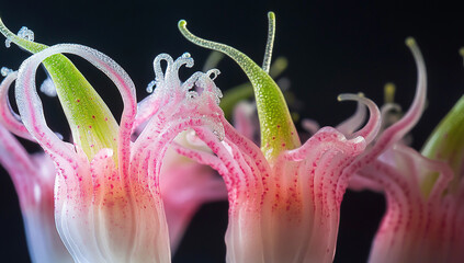 Close-up of pink and green flower petals with narrow tentacles on a black background.