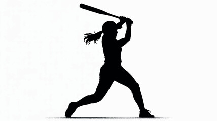 Black silhouette of a female softball player in a batting stance on a white background