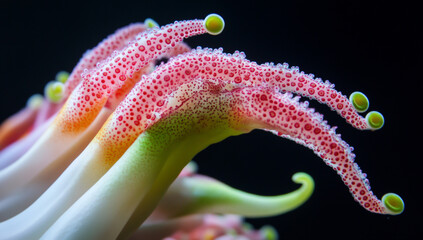 Close-up of pink and green flower petals with narrow tentacles on a black background.