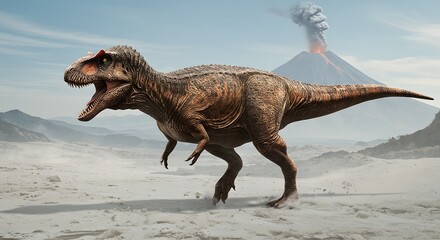 Fototapeta premium A large brown Mapusaurus dinosaur walking in a desert landscape with an erupting volcano in the background