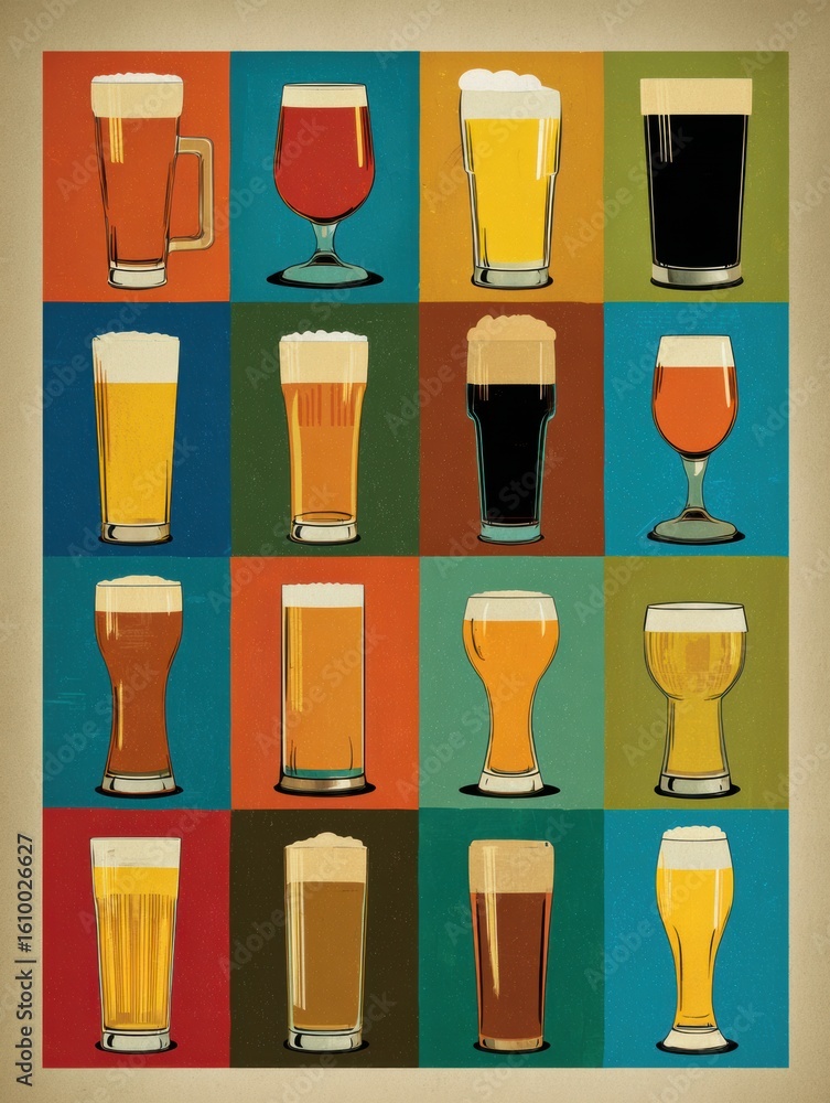 Aufkleber colorful poster displaying a variety of beer types in a grid format with a clean block in the center