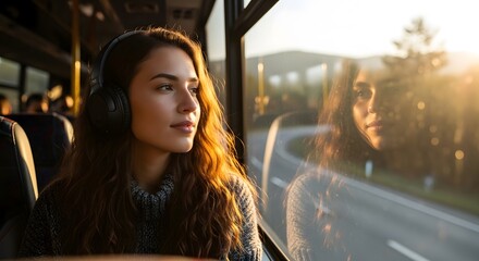 Young woman with headphones gazes out bus window at sunny landscape, reflecting on the glass.