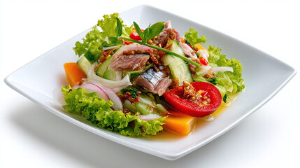 Salted mackerel salad in white square plate, traditional Thai cuisine, isolated on transparent background 