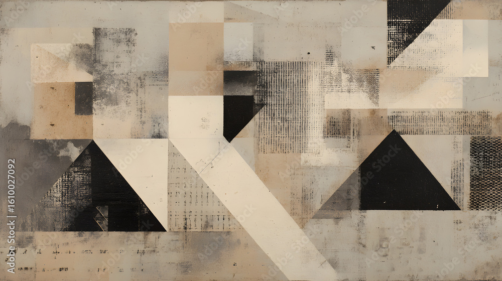 Aufkleber abstract geometric artwork with neutral tones, textured patterns, and overlapping triangle shapes