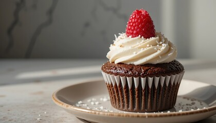 A vegan chocolate cupcake topped with vanilla frosting and a fresh raspberry, served on a ceramic plate in natural light.