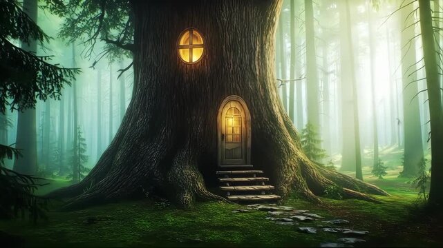 Tree house in the forest fiction setting of fairy tale
