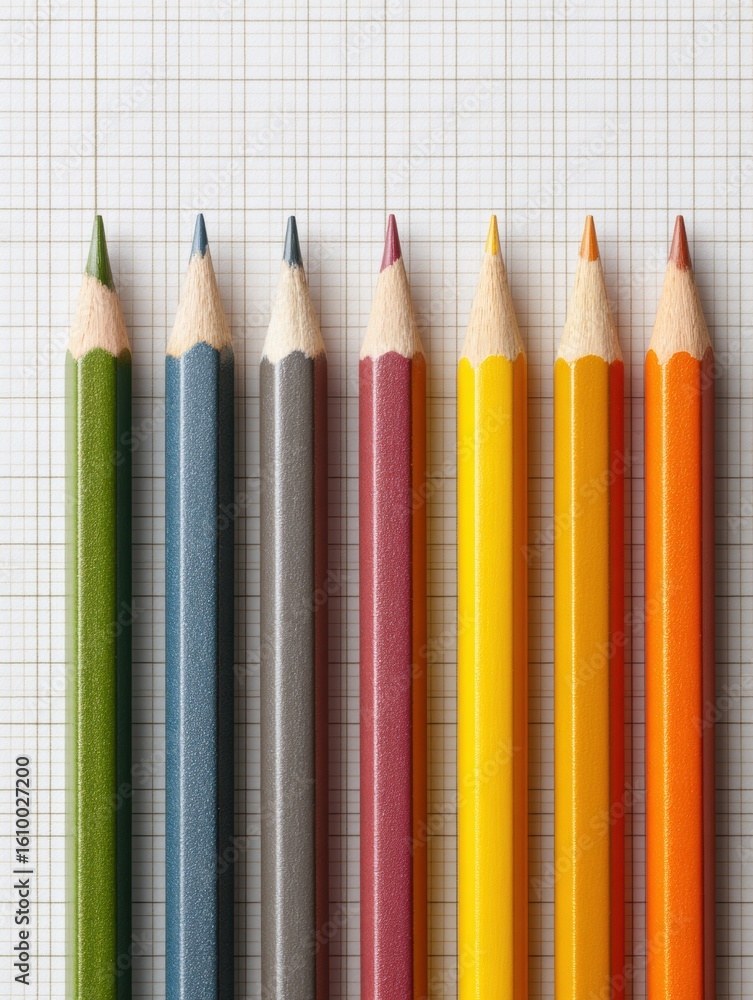 Poster neatly arranged colored pencils on graph paper with clean lined notes for study preparation in a coz