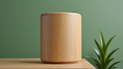 Minimalist Wooden Diffuser on Tabletop with Green Plant Accent Natural Wood Grain Home Decor Air Purifier and Green Background