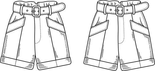 Flat vector illustration of belted high waist shorts with cuffed hem, cargo pockets, front pleats, technical fashion flat sketch