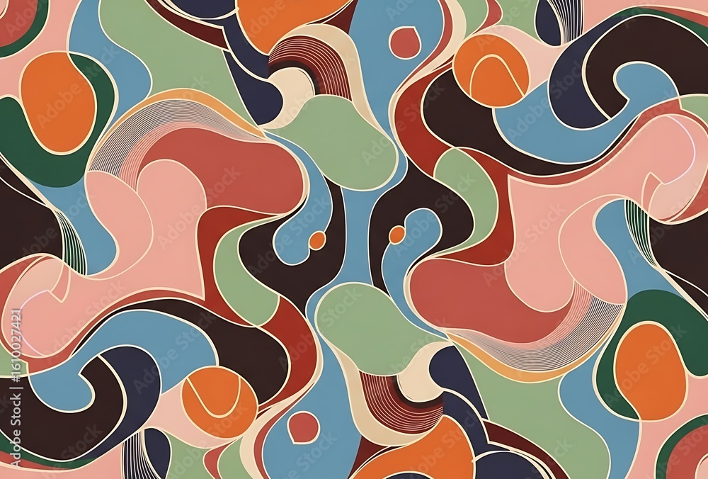 Poster abstract groovy retro seamless pattern featuring smooth shapes and lines style design