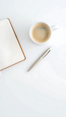 Morning Productivity Flat Lay with Coffee Notepad and Pen on White Background for Work or Study Space Inspiration