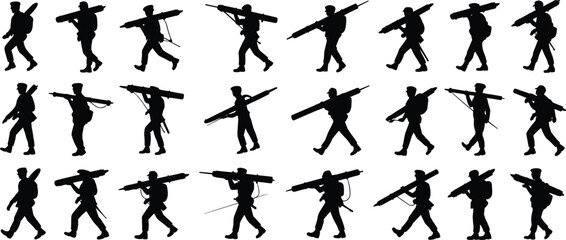 Silhouettes of soldiers walking, carrying rocket launchers, military gear, combat pose, army men, weapon equipment, isolated, vector illustration, war
