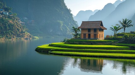 Lakeside house with rice terraces and mountain view