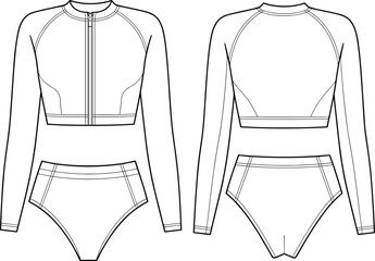 Long sleeve bikini swimsuit flat sketch, front and back technical drawing, high waist bottom, zip up crop top, fashion design © Deep Mind Creations