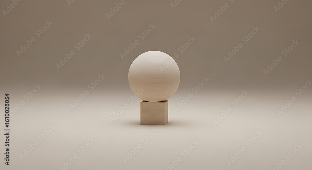 Poster minimalist composition of a sphere on a cube with neutral tones and soft lighting