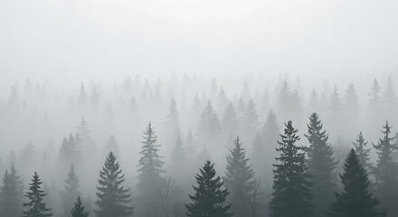 Misty Evergreen Forest: Serene, Monochromatic Coniferous Trees in Fog, Atmospheric Winter Landscape