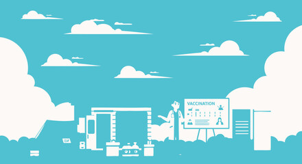 Obraz premium Cartoon illustration promoting vaccination with doctor and vaccination truck