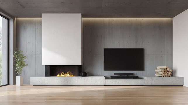 sala de estar lujosa de una villa de diseño con chimenea moderna de lineas rectas con fuego encendido y television plana al lado, paredes de cemento y tonos claros y acogedores con muebles bajos 