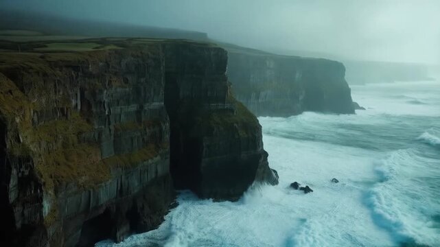 Overcast day at cliffs of moher with waves crashing against the rocks in county clare ireland landscape video