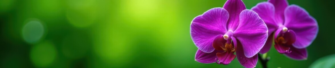 Obraz premium Deep violet orchid, dew drops on petals, lush green background , violet orchid, photography