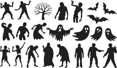 Zombie silhouette, ghost illustration, Halloween bats, creepy undead vector, haunted tree graphic, spooky shadow art clipart bundle