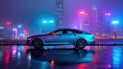 都市の夜景を背景にした高級車