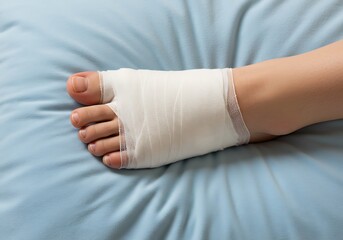 Bandaged foot resting on soft pillow
