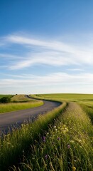 Obraz premium A picturesque winding road through a verdant summer landscape