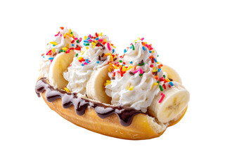 Creamy banana split dessert with colorful sprinkles whipped, Png Transparent, Isolated on White