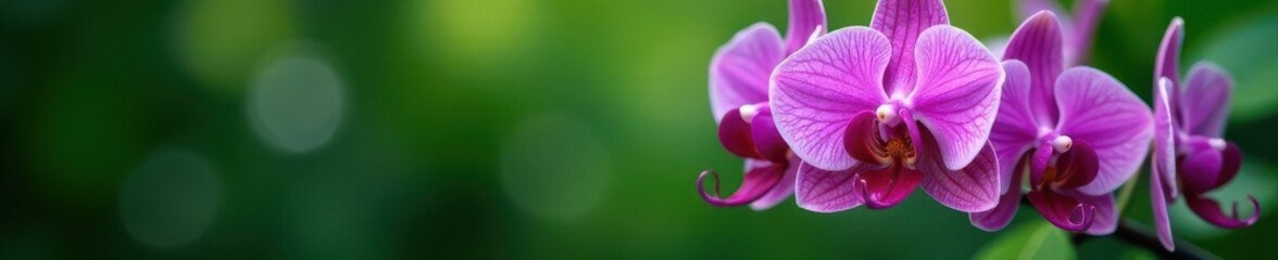 Obraz premium Drenched purple orchid flowers, glistening leaves, green background, botanical, tropical, vibrant