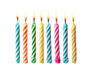 Colorful striped birthday candles burning brightly image, Png Transparent, Isolated on White
