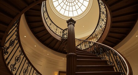 Obraz premium Elegant Dark Wood Spiral Staircase with Ornate Iron Railing and Skylight.