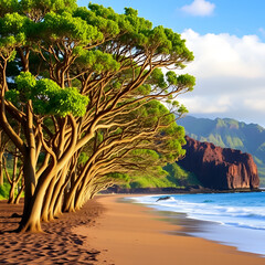 Stunning kiawe trees border the peaceful Waialea beach at Puako Bay, Waimea