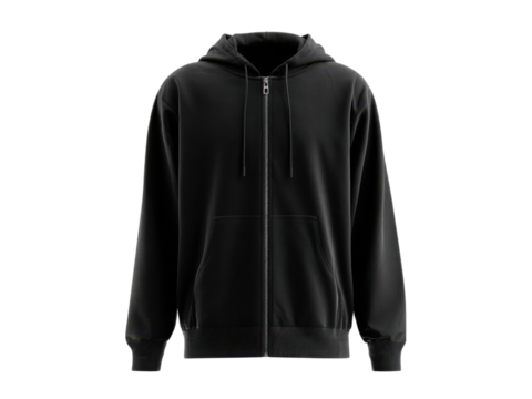 Black hooded zip up jacket with front pocket hoodie, Png Transparent, Isolated on White - Powered by Adobe